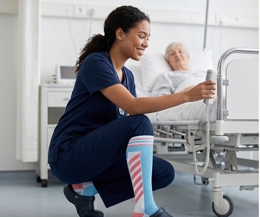 A nurse on shift wearing knee-high compression socks