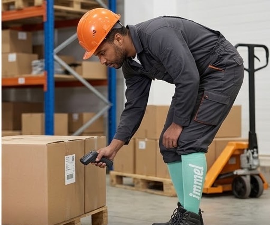 A warehouse worker scanning stock, wearing compression socks